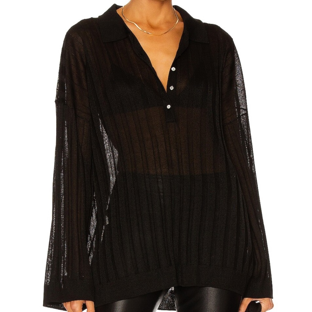 Toteme Black Sheer Ribbed V-Neck Sweater